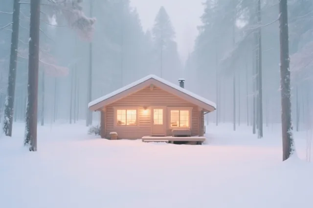Een houten huisje met verlichte ramen staat tussen hoge besneeuwde bomen in een mistig winterbos met witte en lichtblauwe tinten.