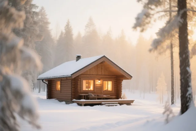 Een houten huisje met verlichte ramen staat tussen besneeuwde dennen in een wit bos.