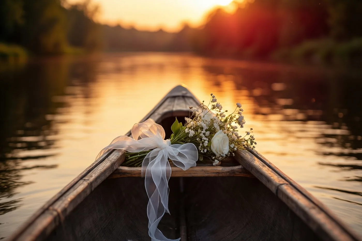 Een houten kano ligt bij zonsondergang op een kalme rivier met een boeket witte bloemen en een wit lint op de boeg in warm goudkleurig licht.