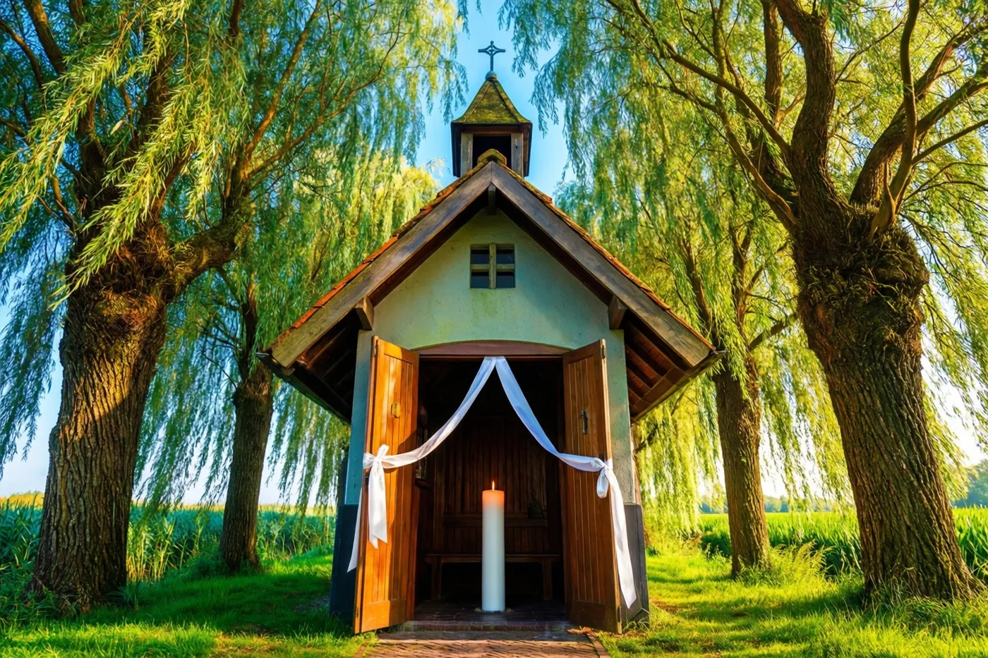 Een kleine houten kapel met open deuren en witte linten staat tussen hoge wilgen in een groen polderlandschap, met één brandende witte kaars binnen en warm zonlicht buiten.
