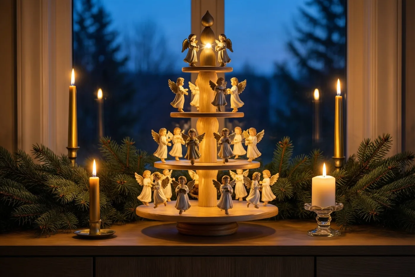 Een houten kerstpiramide met engelenfiguurtjes staat op een dressoir tussen brandende kaarsen en verse dennentakjes, voor een raam met bomen in de schemering.