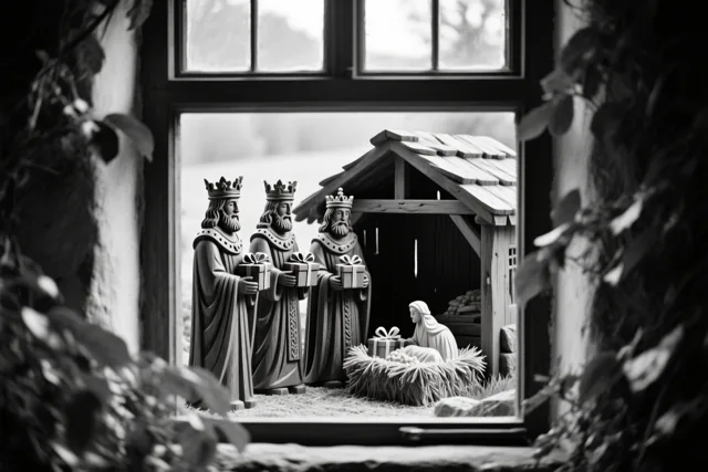 Een zwart-witfoto toont door een raam met bladeren op de voorgrond drie houten koningen met geschenken naast een kerststal, waar Maria bij de kribbe knielt.