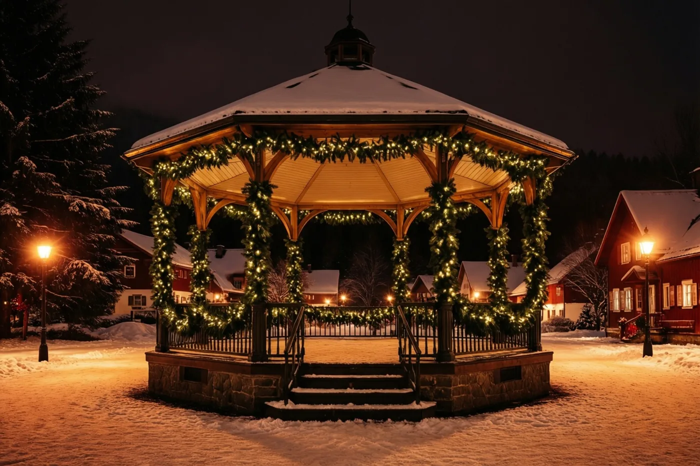 Een houten kiosk met lichtsnoeren en dennenslingers staat op een besneeuwd dorpsplein, verlicht door warme straatlampen in de donkere winternacht.