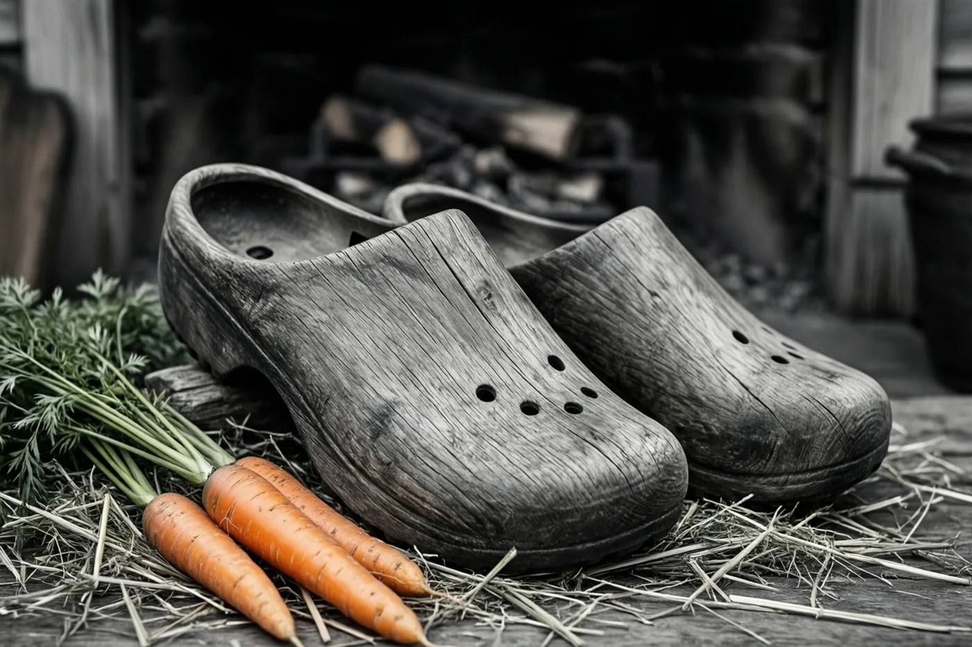 Verweerde houten klompen liggen op stro naast wortels met loof tegen een donkere landelijke achtergrond, met alleen het oranje van de wortels in kleur.