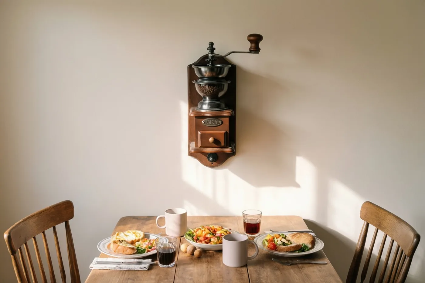 Een houten koffiemolen hangt aan de muur boven een rustieke ontbijttafel, terwijl warm ochtendlicht zachte schaduwen op de muur en de tafel werpt.