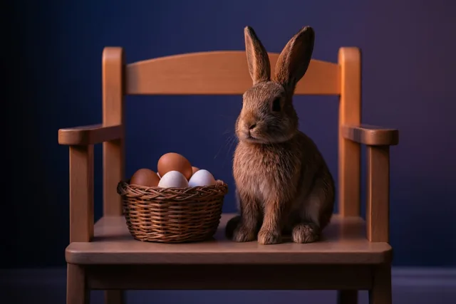 Een houten speelgoedkonijn zit naast een rieten mand met eieren op een klein houten stoeltje tegen een donkerblauwe achtergrond.