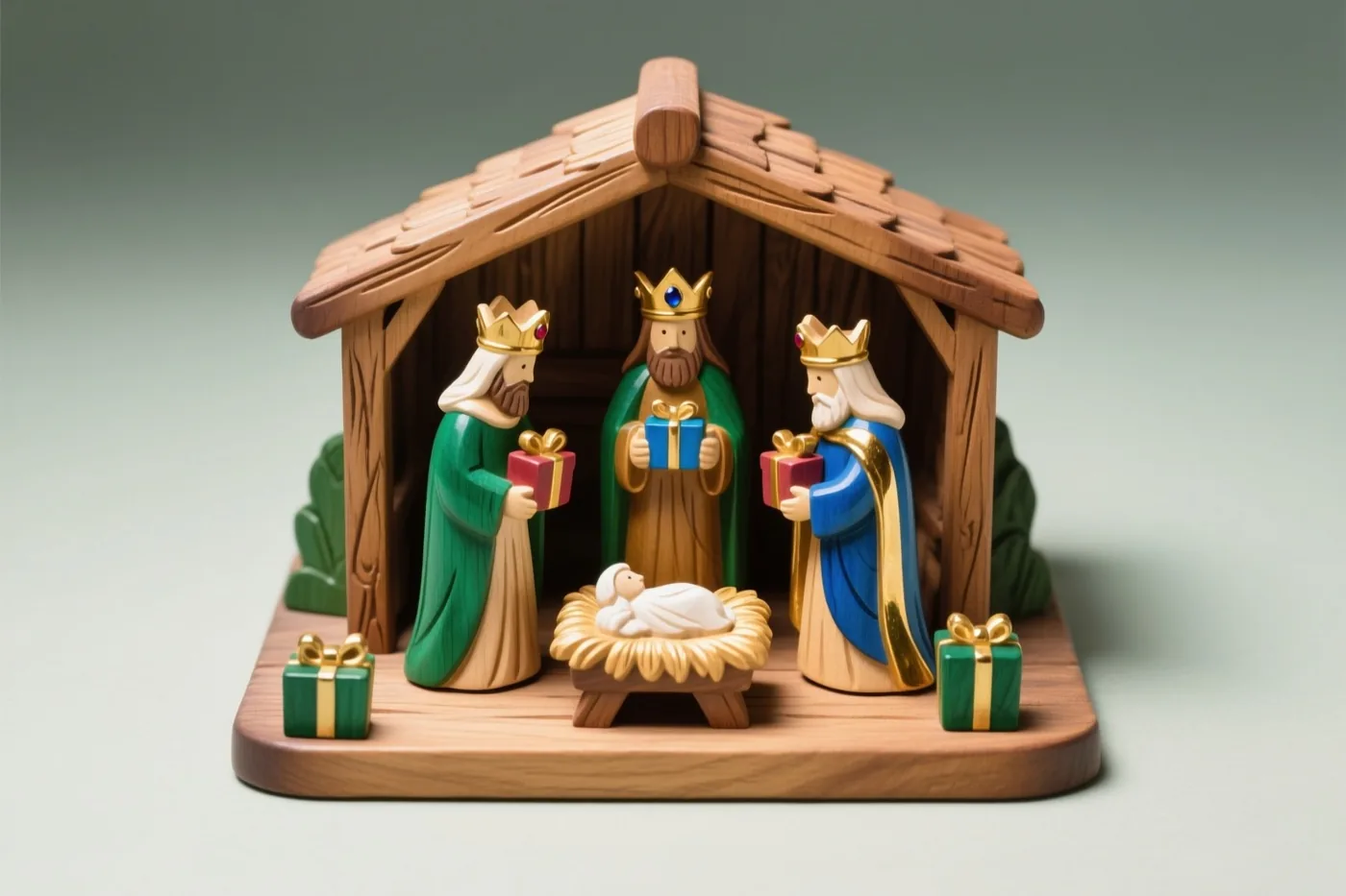 Een houten kersttafereel toont drie koningen in kleurrijke gewaden met geschenken naast een kribbe met een babyfiguurtje, tegen een effen achtergrond.