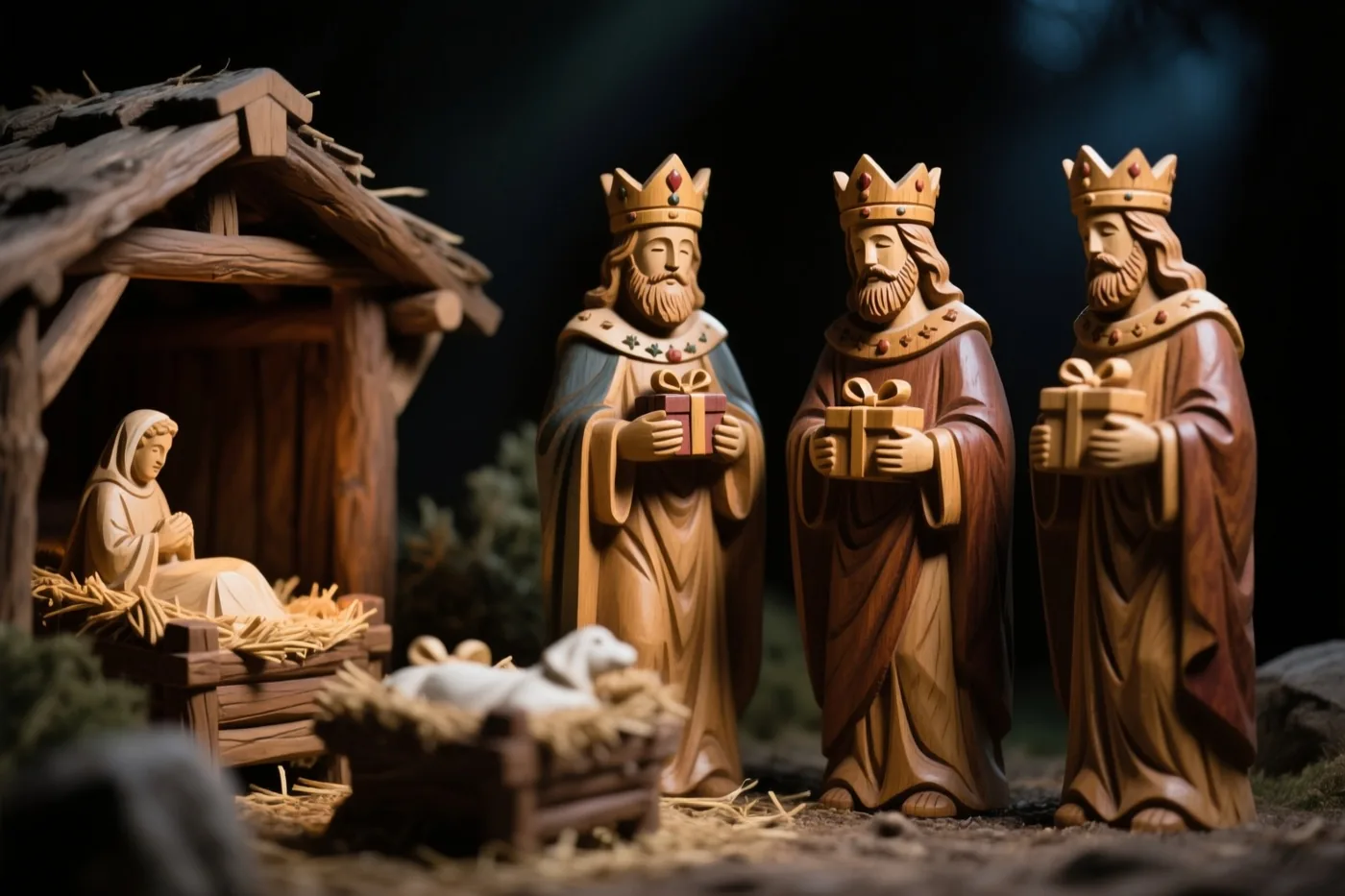 Drie gesneden houten koningen met geschenken staan naast een warm verlichte houten kerststal met Maria en een lammetje, tegen een donkere achtergrond.