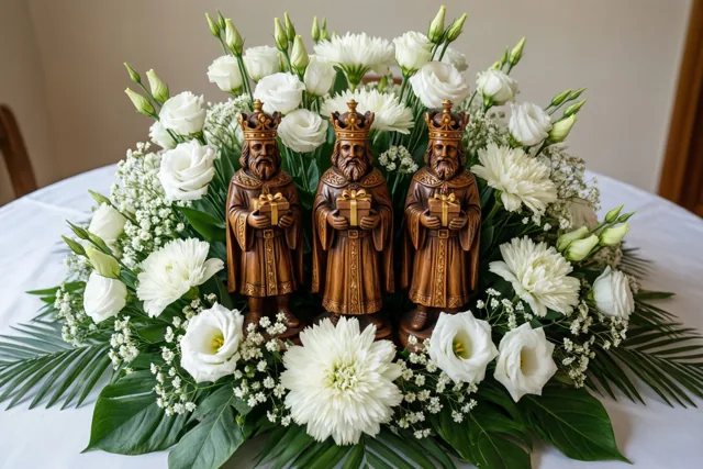 Drie koningen tussen witte bloemen