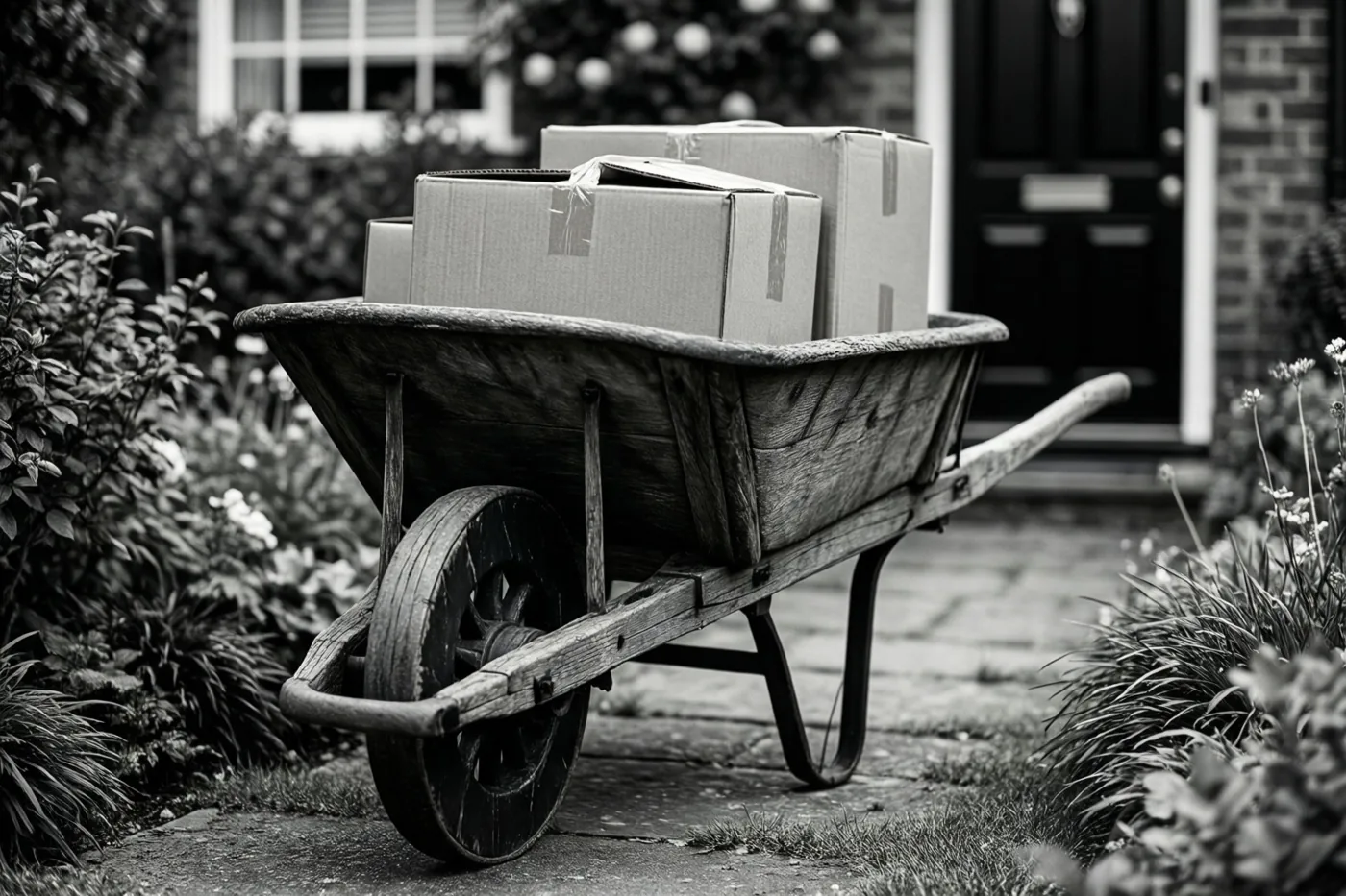 Een verweerde houten kruiwagen vol kartonnen verhuisdozen staat op een stenen tuinpad naar een voordeur, in een zwart-witbeeld.