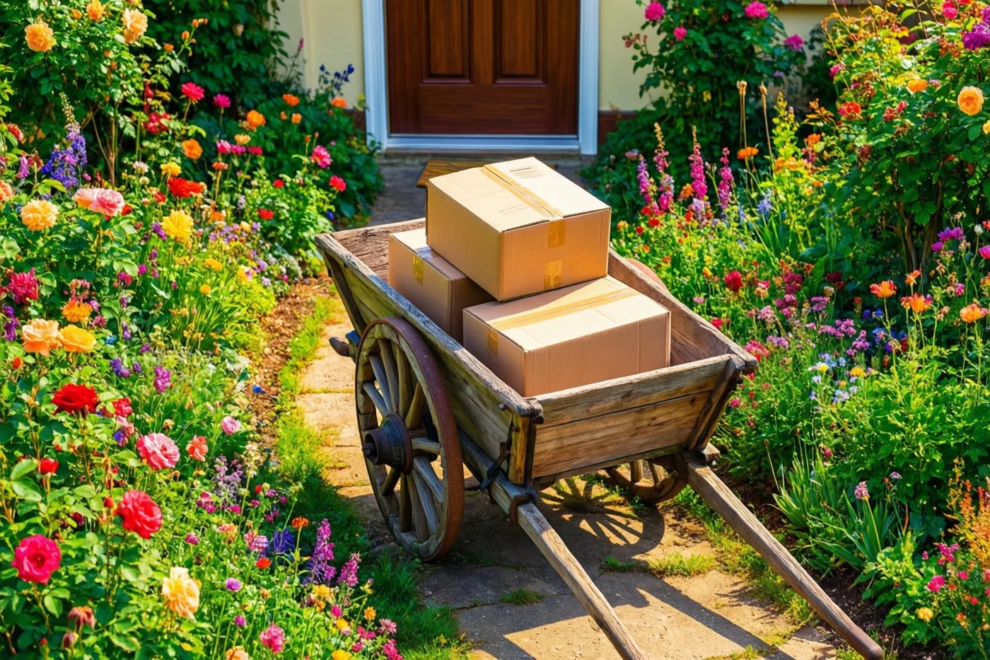 Een oude houten kruiwagen vol kartonnen verhuisdozen staat op een stenen tuinpad tussen kleurrijke bloemen, voor een houten deur.