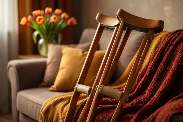 Houten krukken leunen tegen een zetel met kussens en een rood-gele gebreide deken, met oranje tulpen op de achtergrond in warm licht.