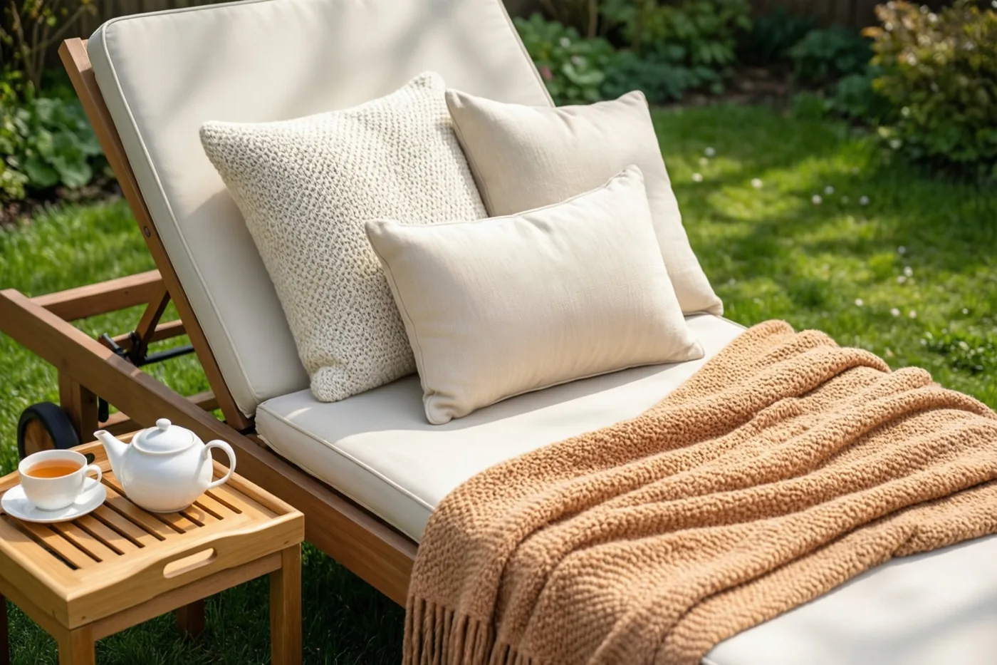 Een houten tuinligstoel met beige kussens en een lichtbruine gebreide deken staat in de zon op het gras, naast een houten dienblad met een witte theepot en een kop thee.
