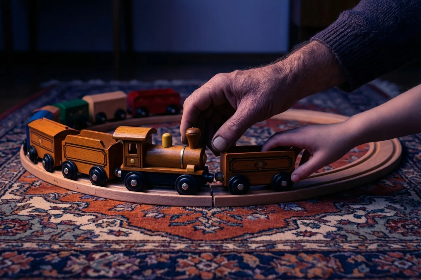 Een volwassen hand en een kinderhand duwen samen een houten locomotief over een gebogen spoor op een tapijt met een patroon in warm, zacht licht.