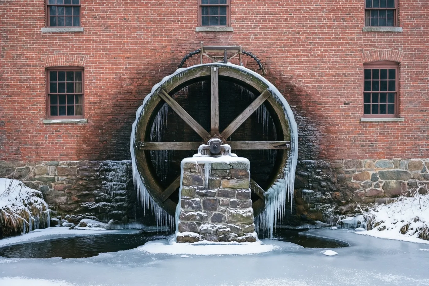 Een groot houten waterrad met ijspegels staat bij een bevroren beek voor een oude rode bakstenen molen, met sneeuw op de grond.