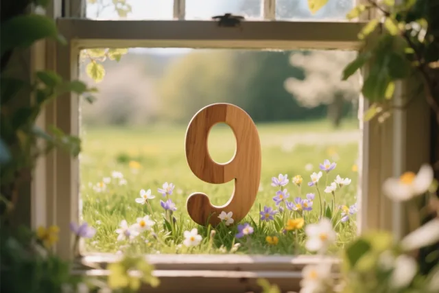 Door een raam is een rechtopstaande houten 9 te zien in een zonnige weide met verse lentebloemen en een zachte, onscherpe achtergrond van groen en bloesems.