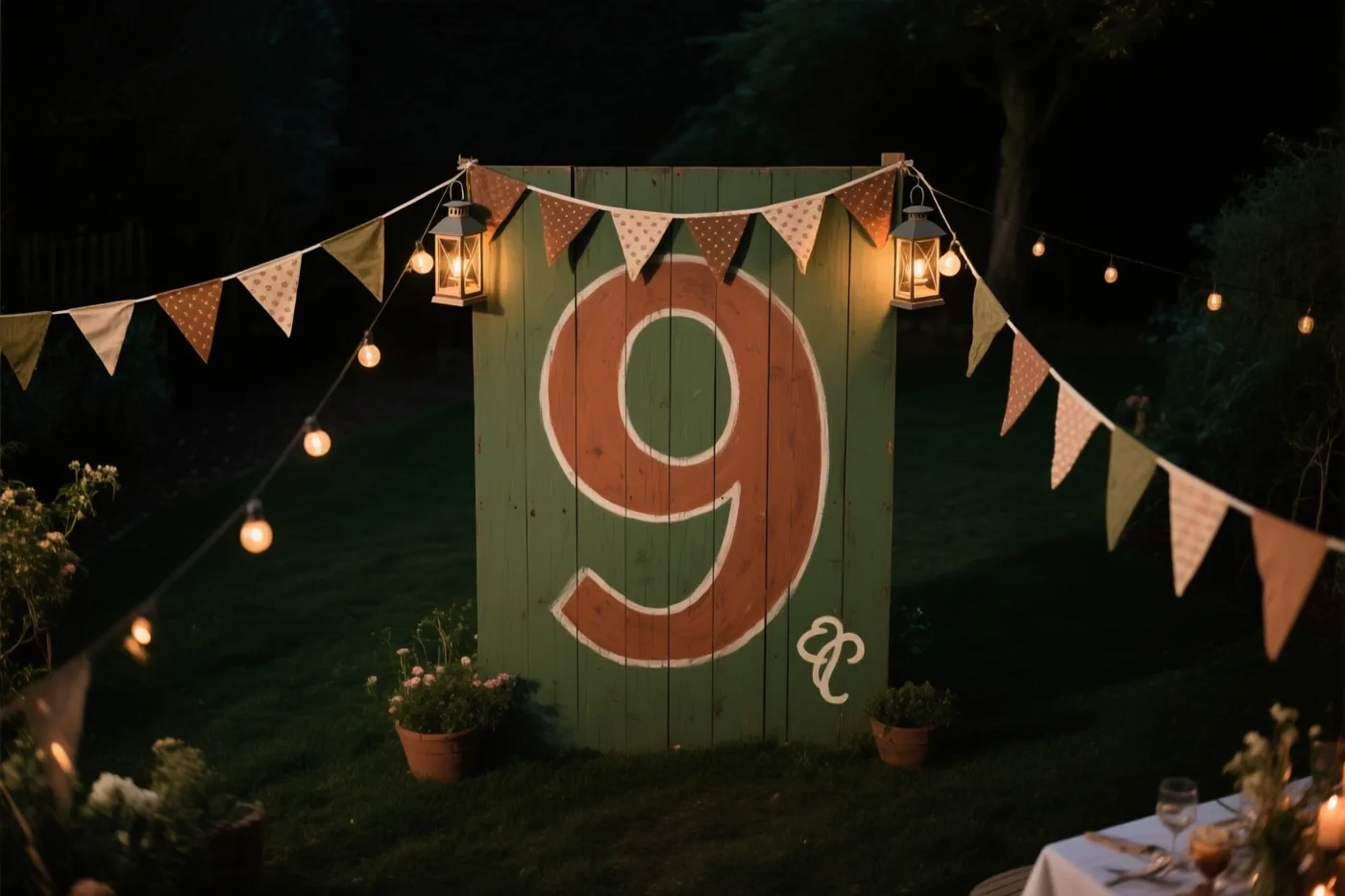 Een groot houten bord met een geschilderde 9 staat 's nachts in een tuin, versierd met lichtslingers en vlaggetjes en verlicht door lantaarns.