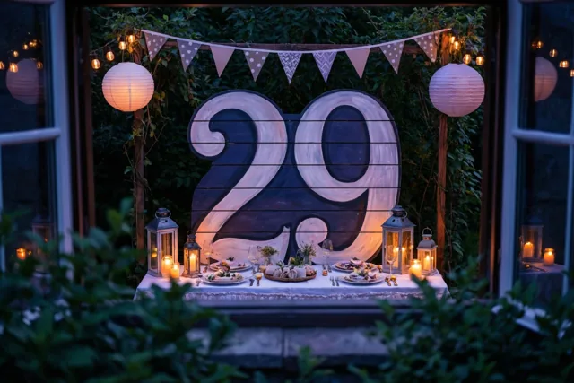 Door een raam is een tuinfeest te zien met een groot geschilderd houten bord waarop 29 staat, verlicht door lantaarns en lichtslingers.