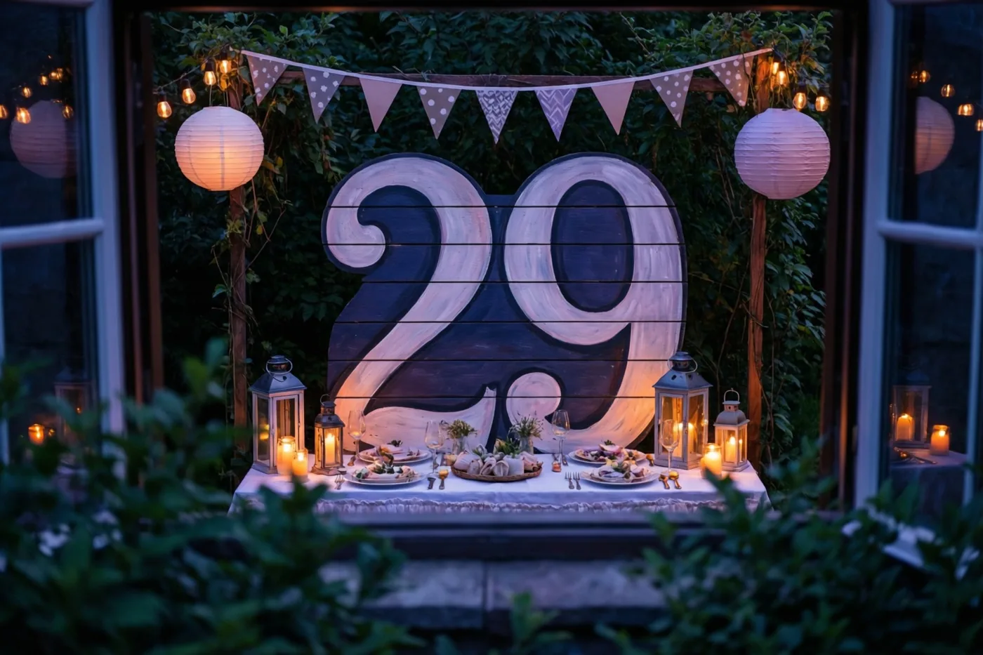 Door een raam is een tuinfeest te zien met een groot geschilderd houten bord waarop 29 staat, verlicht door lantaarns en lichtslingers.