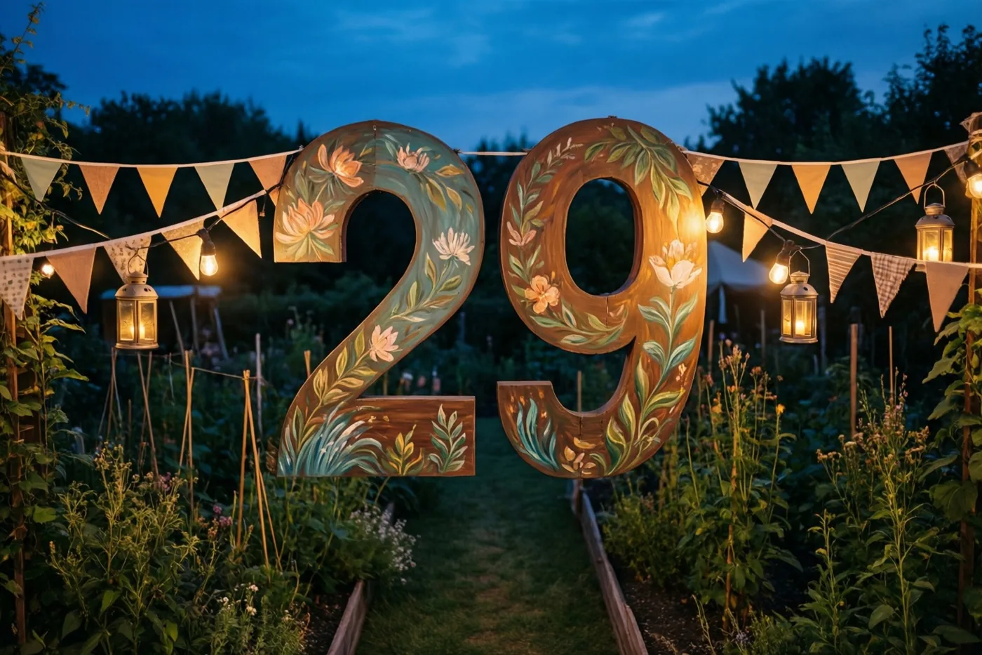 Een groot geschilderd houten bord met 29 staat in een tuin bij schemering tussen vlaggetjes en hangende lantaarns, met groen gebladerte en een blauwe avondlucht.