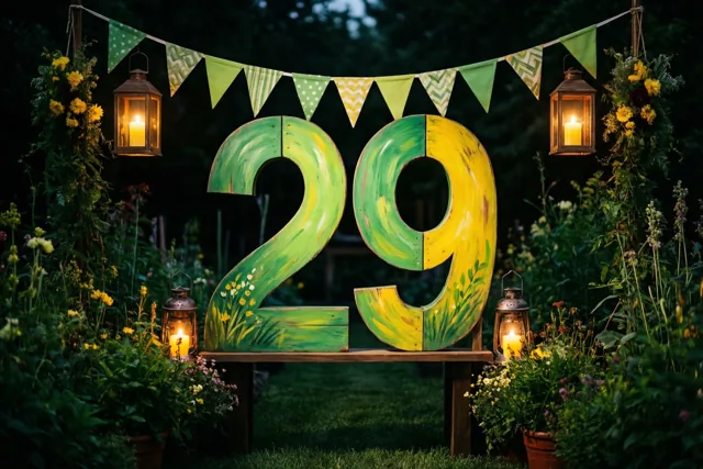 Een groot geschilderd houten getal 29 staat op een tuinbank bij schemering, tussen hangende vlaggetjes en brandende lantaarns voor donker groen gebladerte.