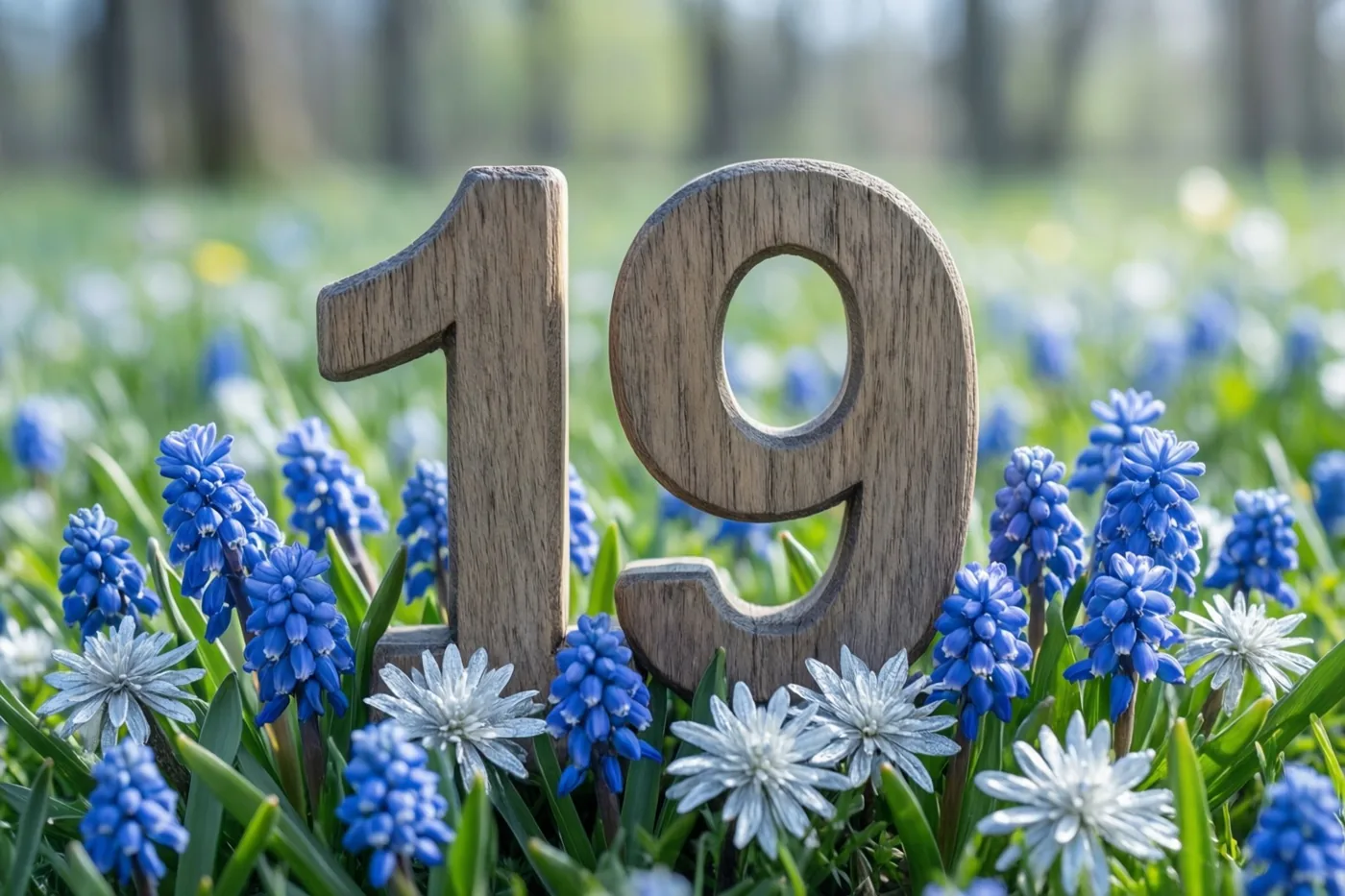 Houten cijfers vormen 19 in een zonnige weide met blauwe en witte lentebloemen en onscherpe bomen op de achtergrond.