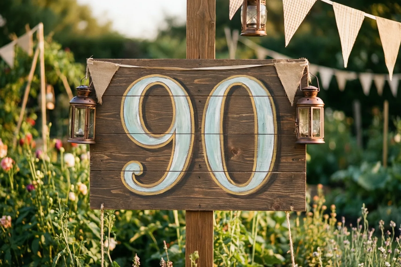 Een houten bord met 90 in lichtblauw en goud staat tussen twee lantaarns en vlaggenlijnen in een tuin met warm goudkleurig zonlicht.