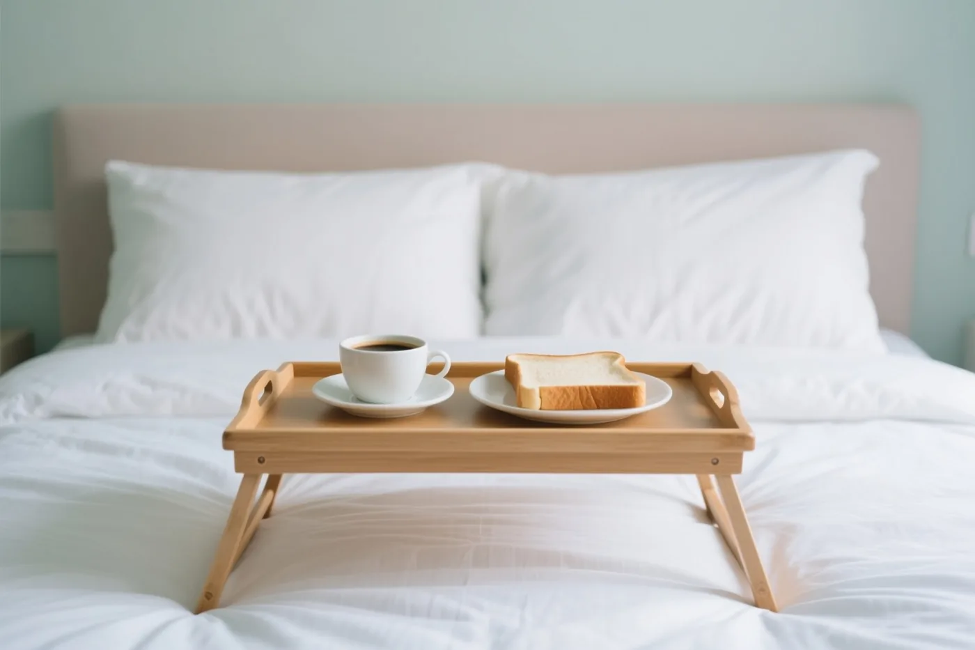 Een houten dienblad met een witte kop koffie en een snee toast op een wit bord staat op een bed met wit beddengoed en kussens, in een kamer met lichtgroene muren en een beige hoofdbord.