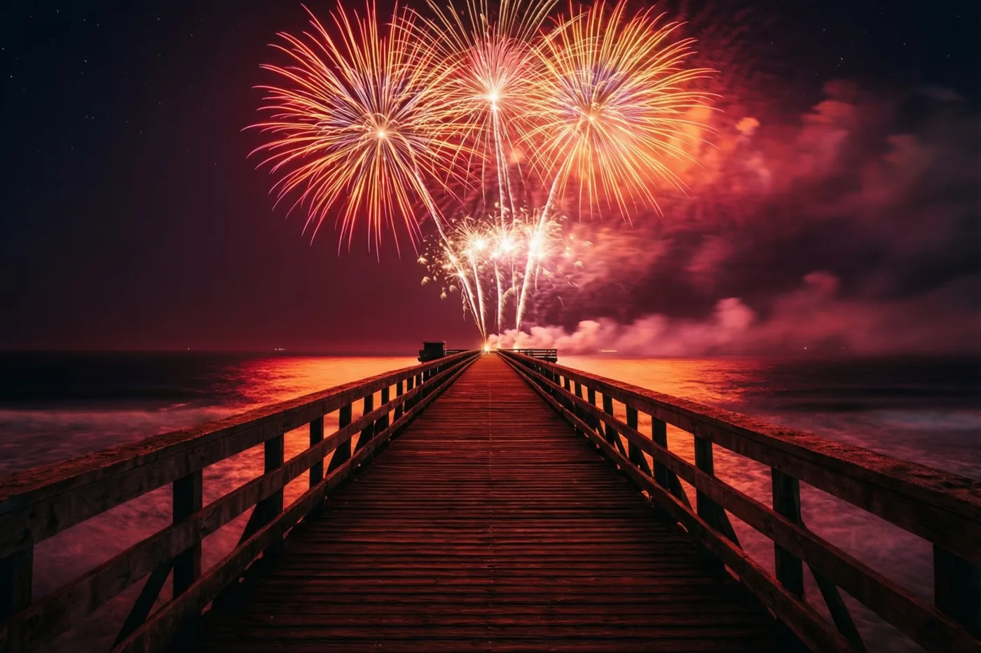 Rood en oranje vuurwerk verlicht een houten pier die de zee in loopt en werpt een warme gloed op het water.