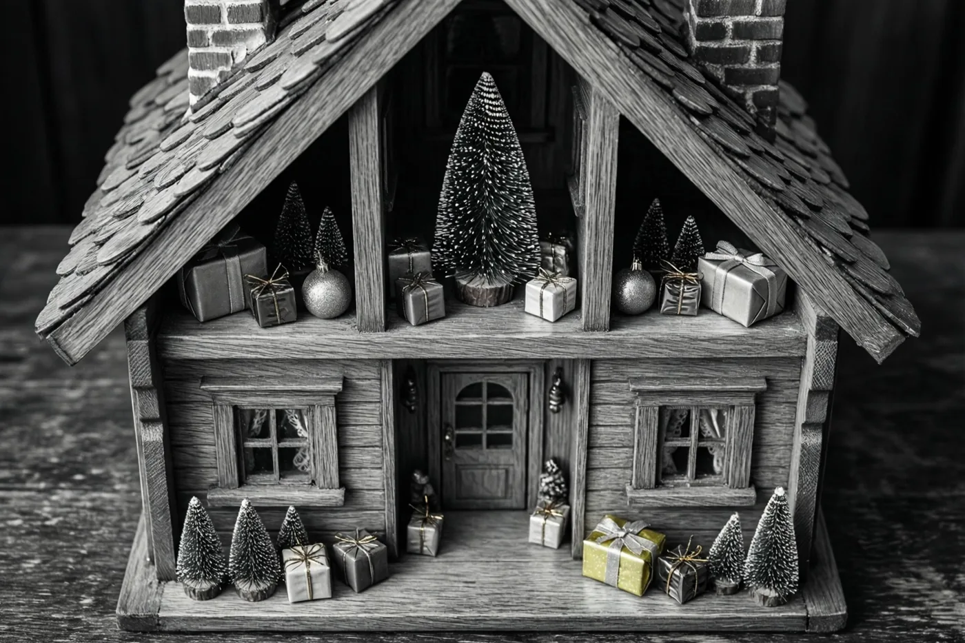Een gedetailleerd houten poppenhuis met miniatuurcadeautjes en kleine kerstboompjes is in zwart-wit afgebeeld.