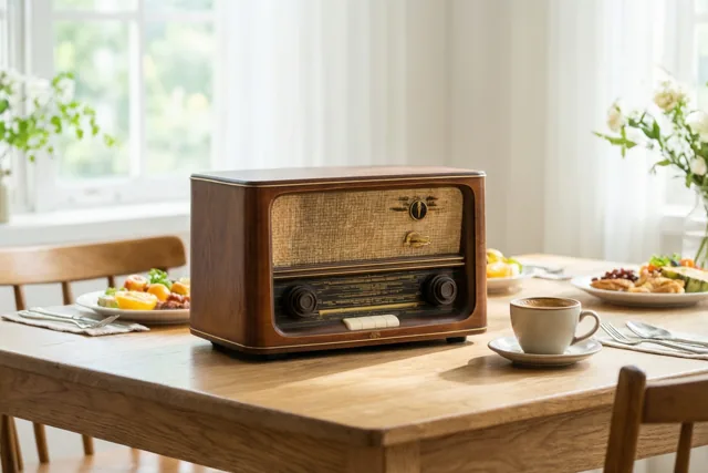 Een oude houten radio staat op een houten ontbijttafel naast een kop koffie, met borden eten en bloemen op de achtergrond in een zonnige kamer.