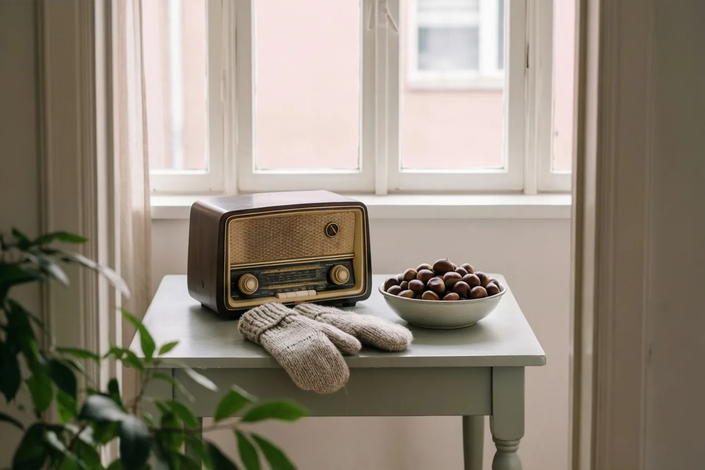 Op een lichte tafel staan een oude houten radio en een kom kastanjes naast gebreide wollen wanten, met een raam op de achtergrond en zacht daglicht.