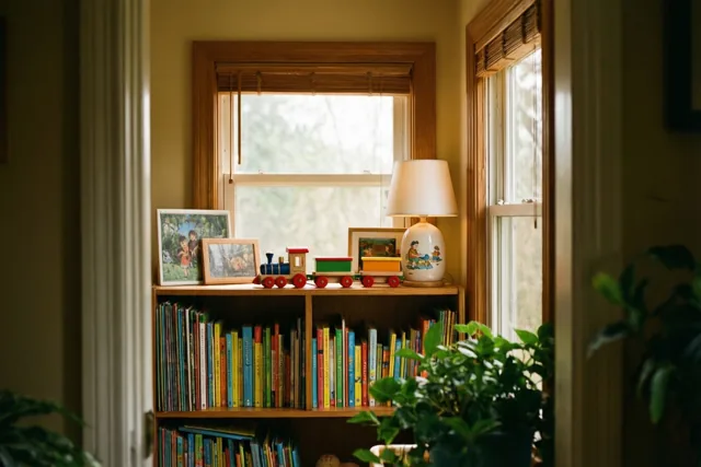 Een houten rek in een babykamer bevat kleurrijke prentenboeken, een keramieken nachtlampje en een houten speelgoedtrein, met ingelijste foto's bovenop en warm licht van een raam.