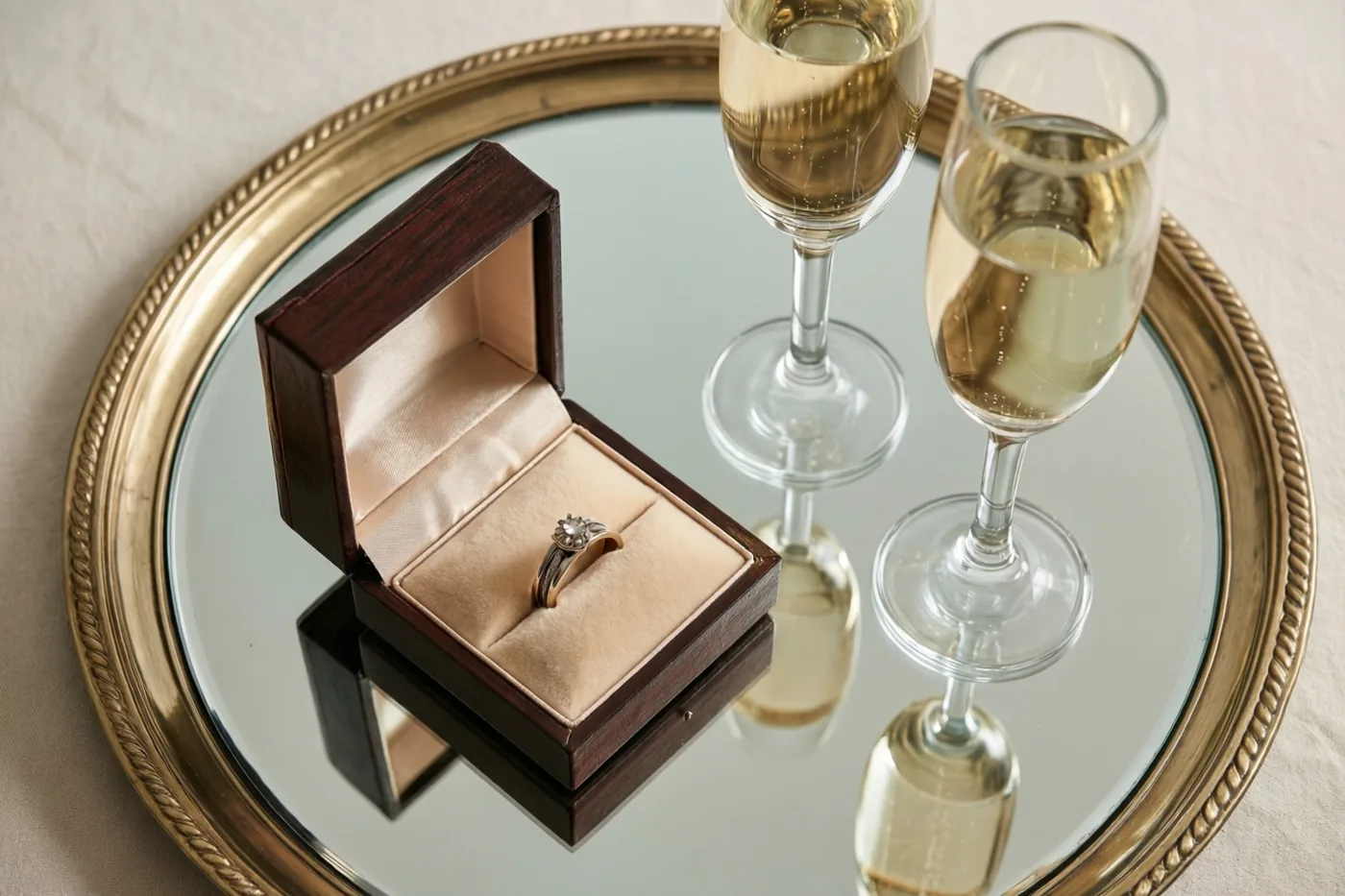 Een open houten ringdoosje met een diamanten verlovingsring staat naast twee champagnefluiten op een spiegelend dienblad met gouden rand, op een lichtgekleurd tafelkleed.