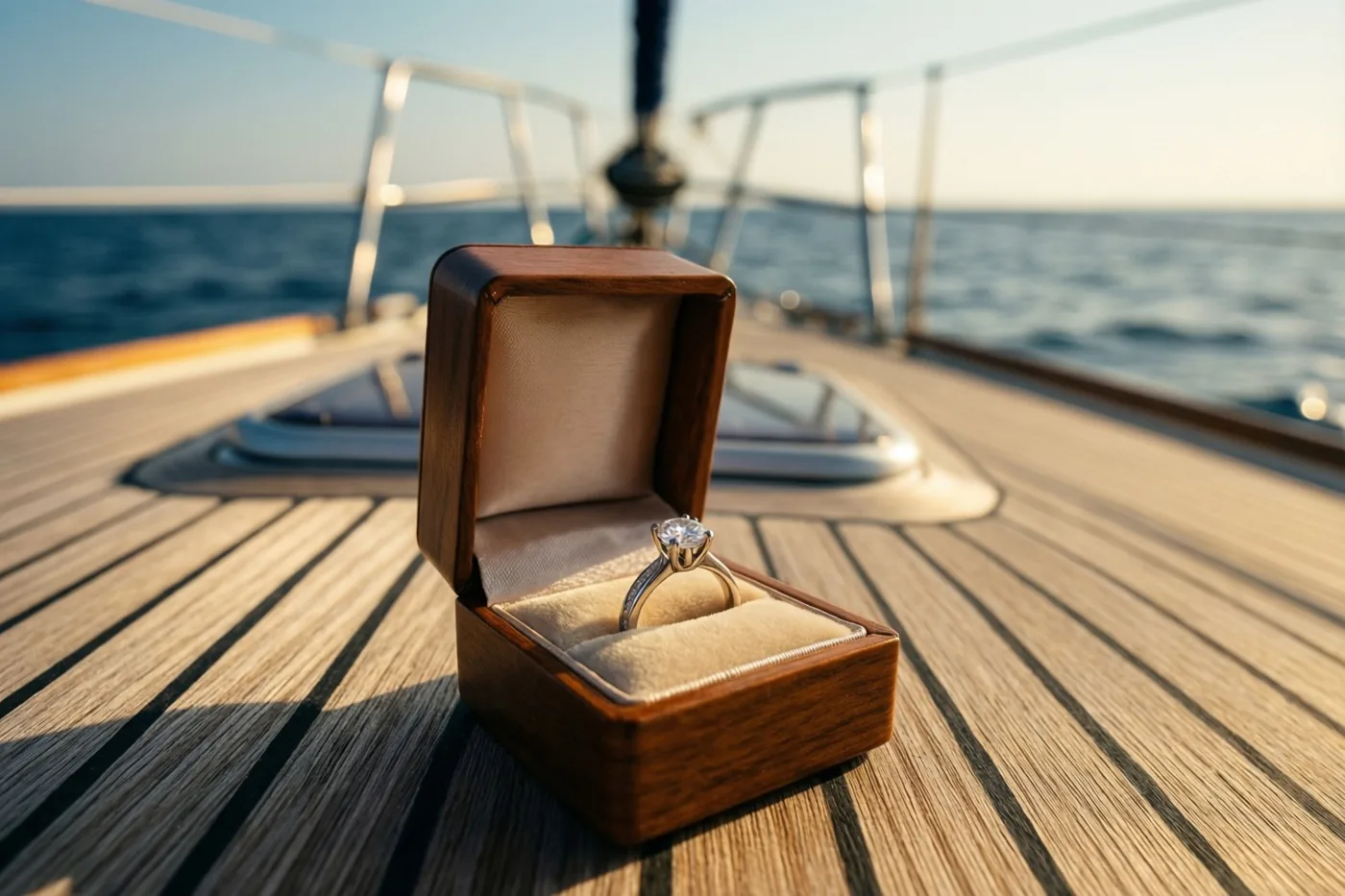 Een open houten ringdoosje met een ring met één diamant staat op het teakhouten dek van een zeilboot, met zonneschaduwen op het dek en de open zee onder een heldere lucht.