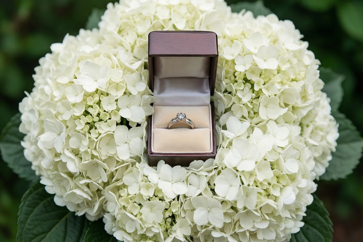 Een open donkerhouten doosje met een zilveren ring ligt in het midden van een groot, rond boeket witte hortensia’s tegen een onscherpe groene achtergrond.