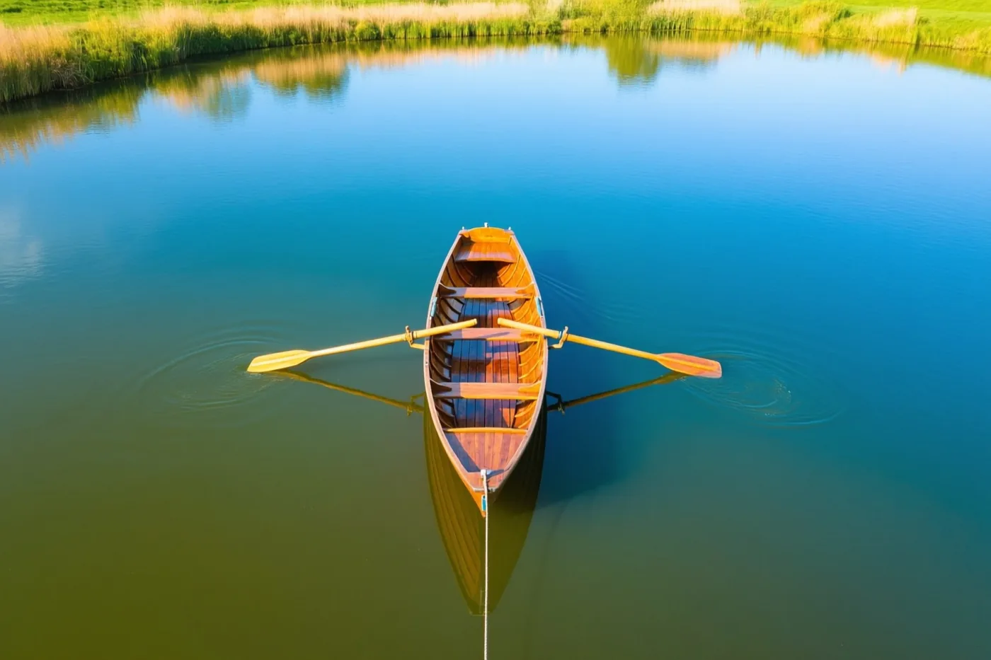Van recht bovenaf is een aangemeerde houten roeiboot op een kalme vijver te zien, met riet langs de oever en heldere weerspiegelingen in het water.