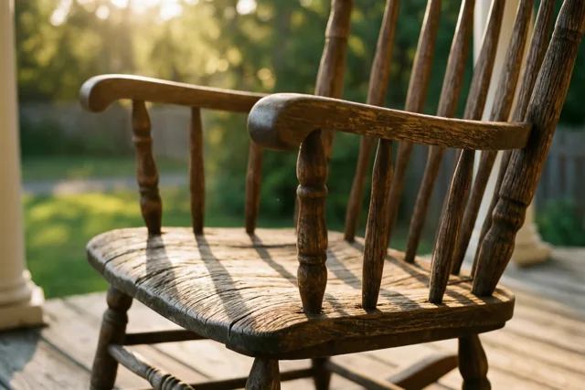 Een verweerde houten schommelstoel staat op een houten veranda in de namiddagzon, met een onscherpe groene tuin op de achtergrond.