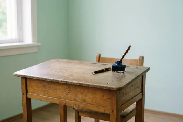 Een oude houten schoolbank met een vulpen en een inktpot staat in een kamer met lichtgroene muren en een raam.