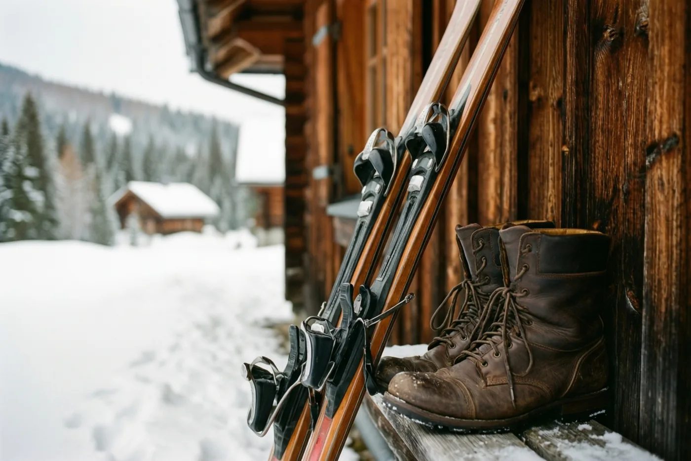 Twee oude houten ski's en bruine leren laarzen staan tegen de verweerde houten wand van een chalet in een besneeuwd berglandschap met groenblijvende bomen en een tweede chalet.