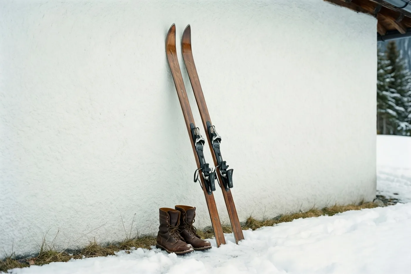 Twee oude houten ski's en bruine leren laarzen staan tegen de witte bepleisterde muur van een besneeuwd chalet.