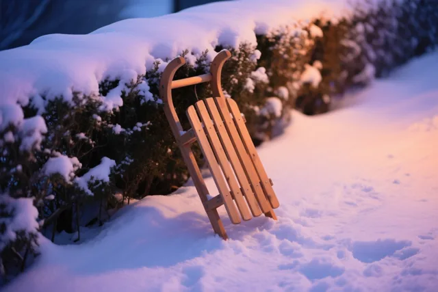 Een houten slee leunt tegen een besneeuwde haag in paars en oranje licht van de ondergaande zon.