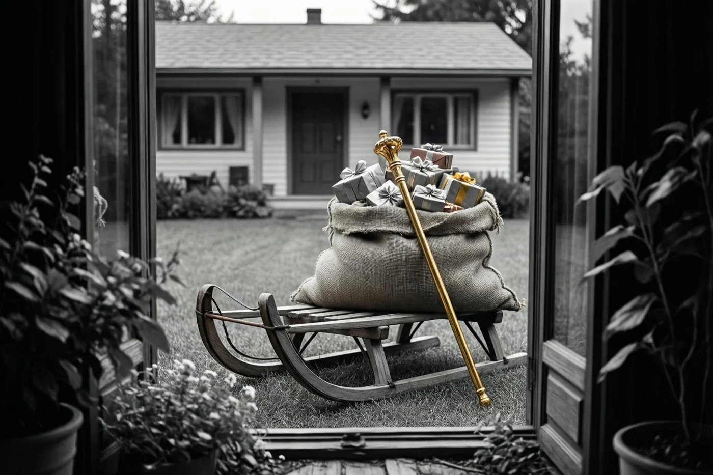 Door een raam is een oude houten slee te zien met een jute zak vol ingepakte cadeaus en een gouden staf op een gazon voor een huis in jarenzestigstijl, in zwart-wit met alleen de staf in kleur.