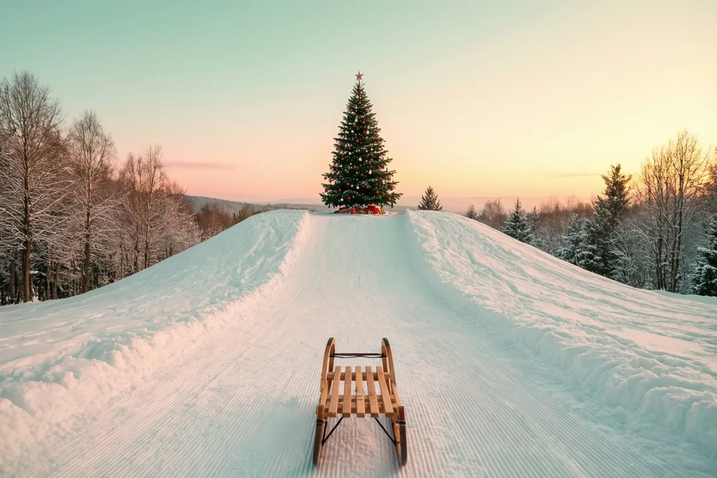 Een houten slee rust onderaan een besneeuwde sleeheuvel met een versierde kerstboom op de top onder een zacht gekleurde schemerhemel.