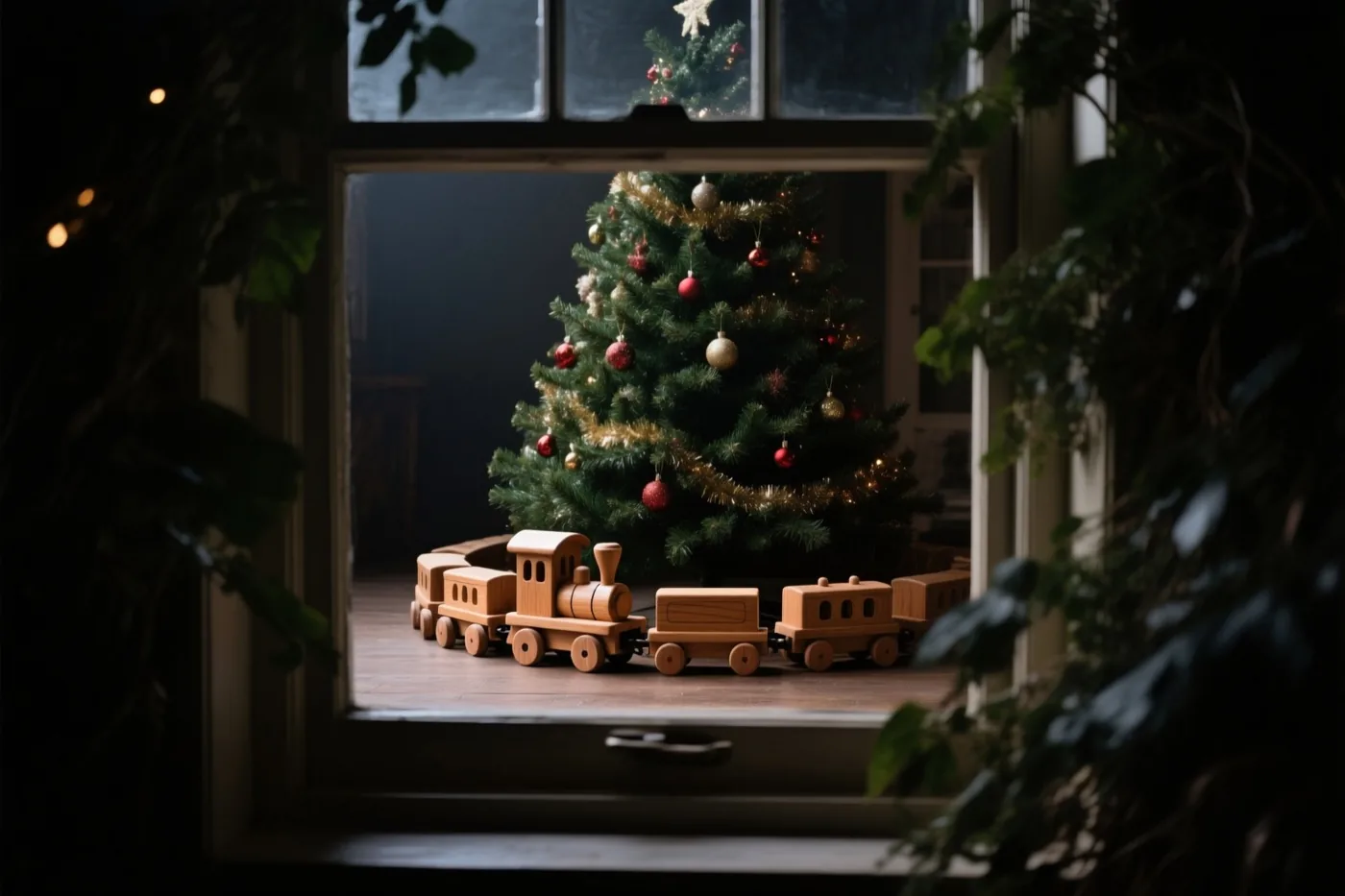 Een houten speelgoedtrein in oude stijl staat op een vensterbank en loopt rond de voet van een versierde kerstboom die door het raam zichtbaar is, met donker groen op de voorgrond.