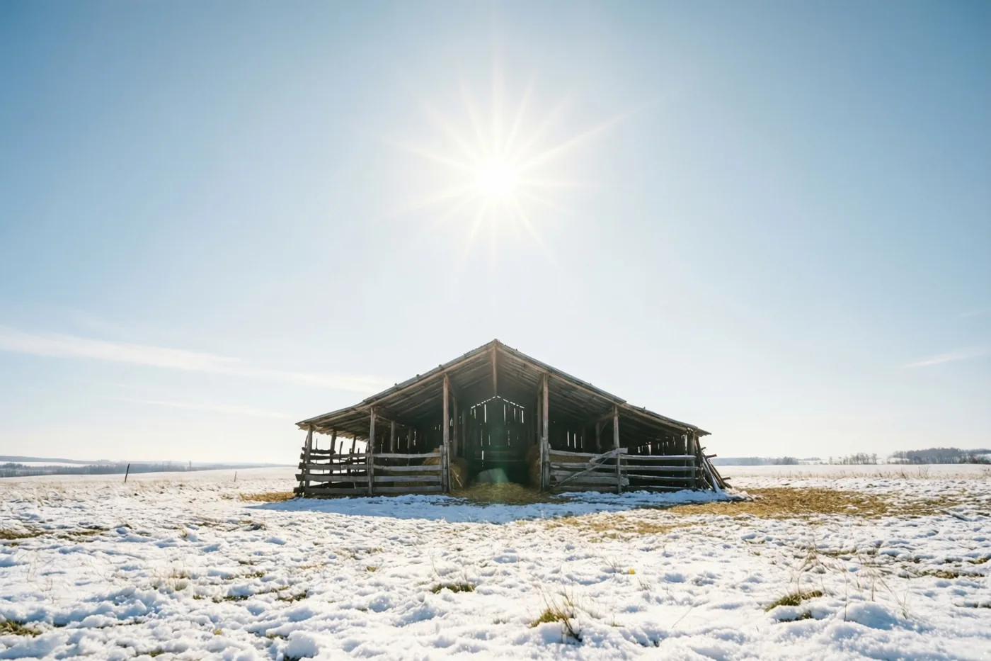 Een eenvoudige houten stal staat alleen in een besneeuwd veld onder een helderblauwe hemel, met de zon erboven als een stralenster.