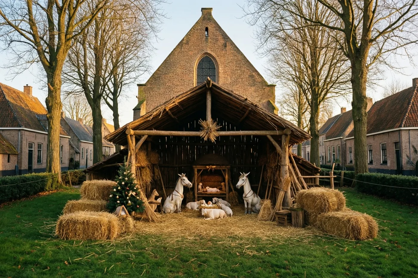 Een houten stal met stro en dierenfiguren staat op een grasplein voor een bakstenen dorpskerk in warm goudkleurig licht.