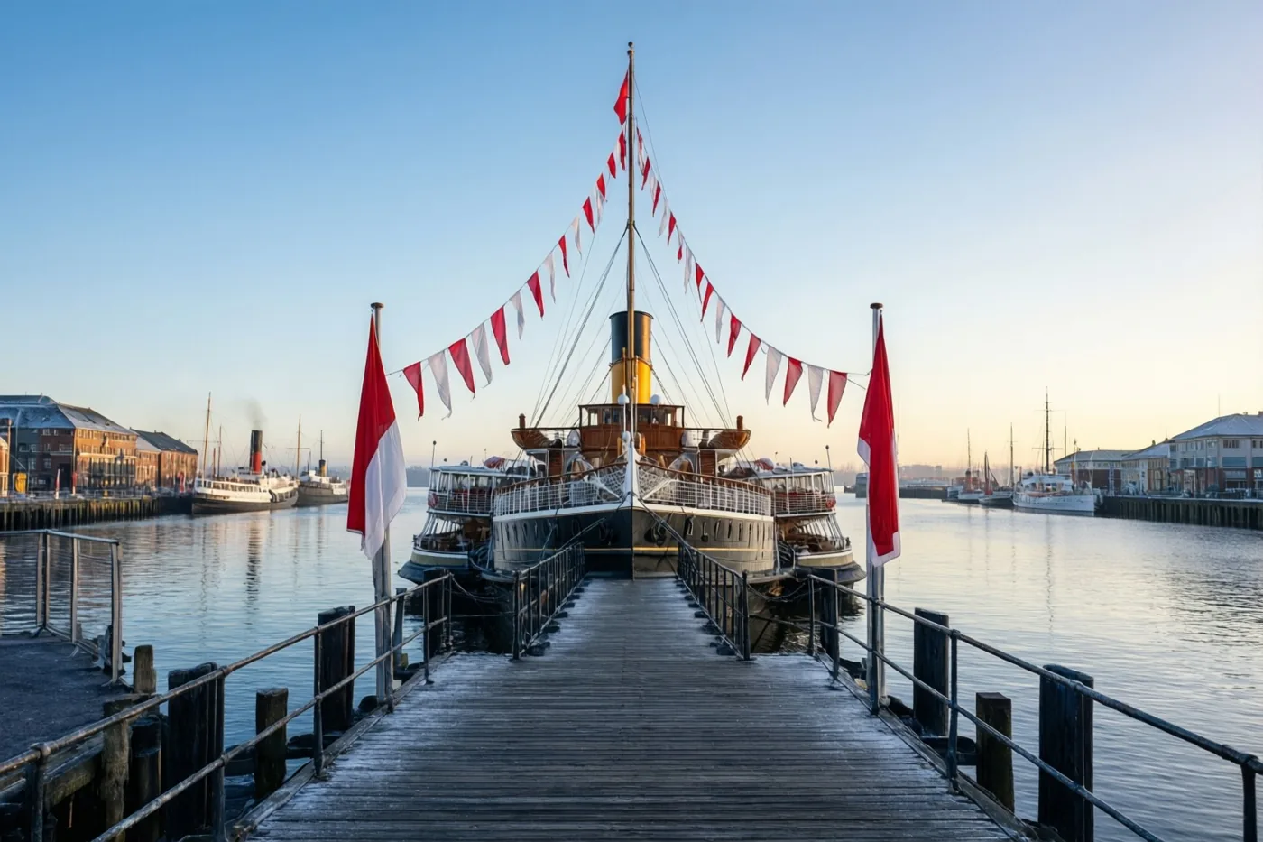 Een houten steiger leidt naar een aangemeerde stoomboot met rode en witte vlaggen in een haven met kalm water, gebouwen langs de kade en een blauwe hemel.