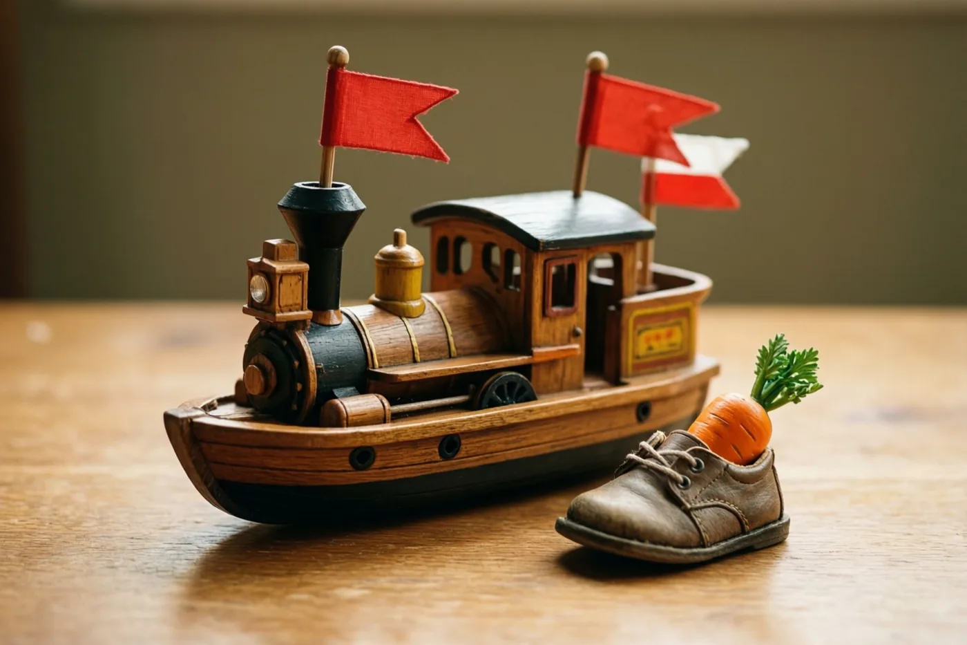 Een houten speelgoedstoomboot met rode en witte vlaggetjes staat op een warm verlichte houten tafel naast een klein bruin schoentje met een wortel.
