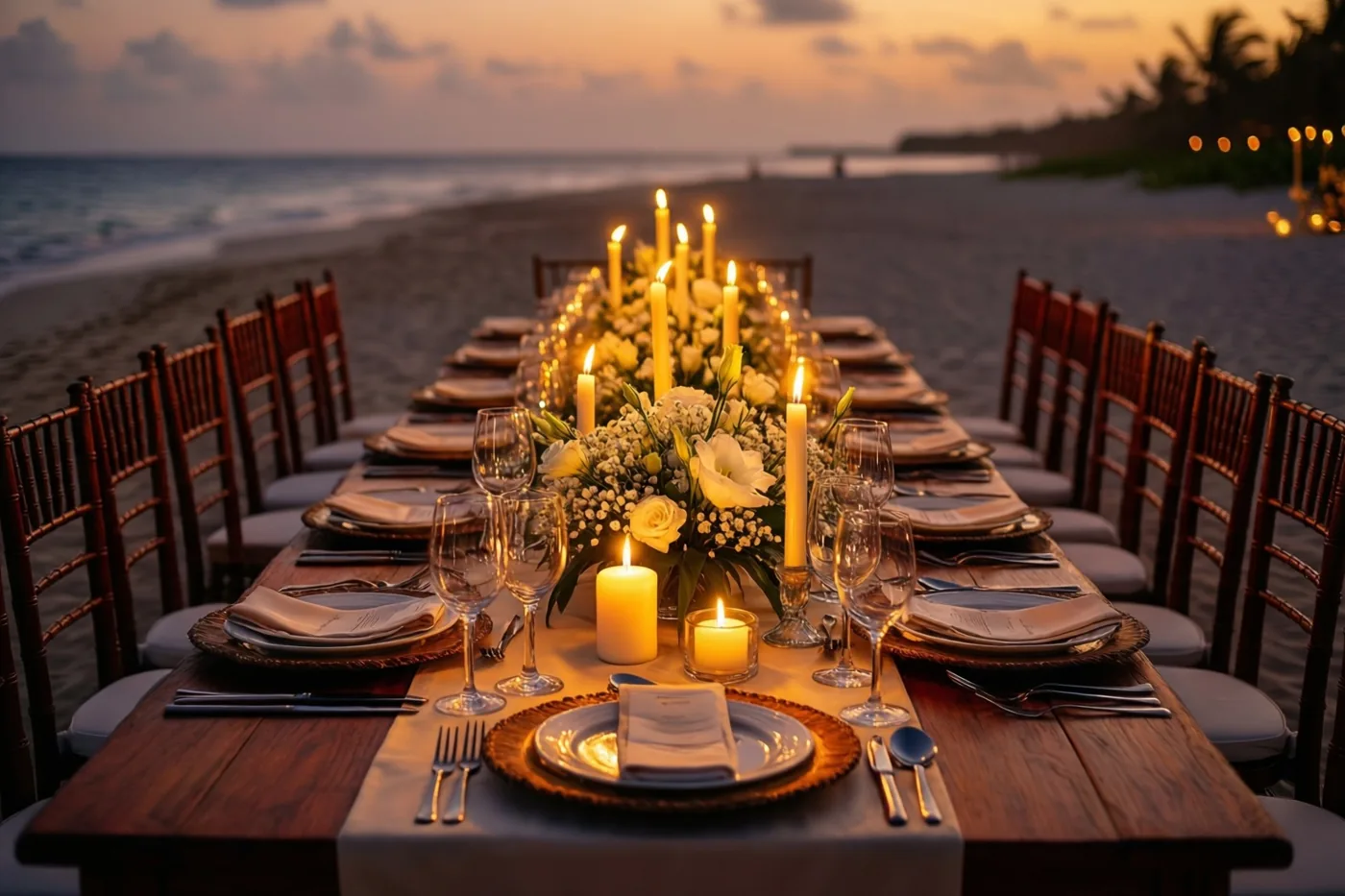 Een lange houten tafel voor een huwelijksdiner staat op een zandstrand met brandende kaarsen en witte bloemstukken, tegen een achtergrond van zee en een zachtoranje avondlucht.